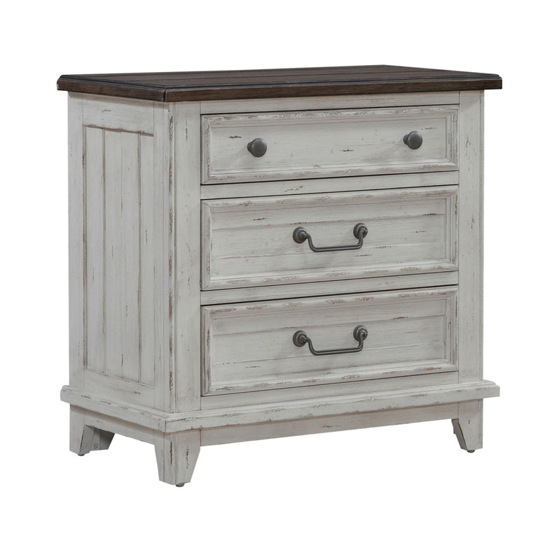 River Place 3 Drawer Nightstand with Charging Station in Riverstone White and Tobacco
