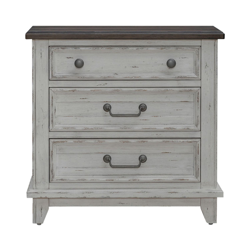River Place 3 Drawer Nightstand with Charging Station in Riverstone White and Tobacco