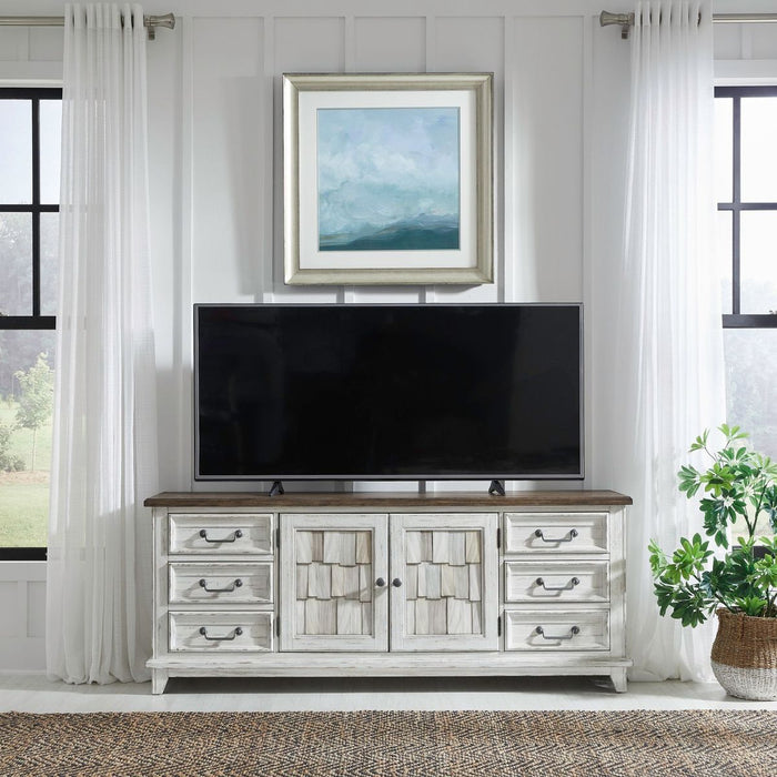 Liberty Furniture River Place Entertainment Center with Piers in Riverstone White/ Tobacco