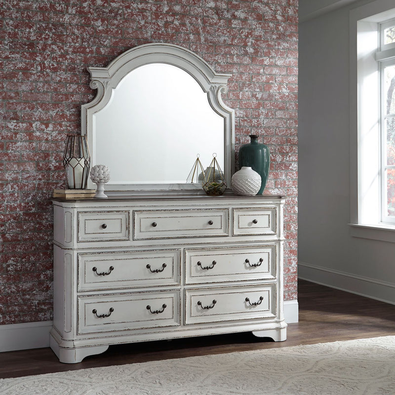 Magnolia Manor King California Upholstered Bed, Dresser & Mirror, Night Stand