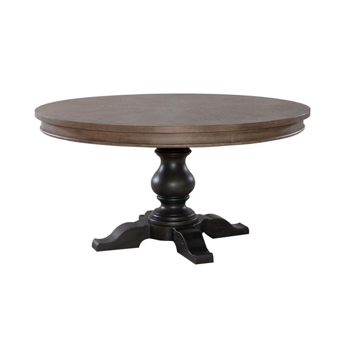 Liberty Furniture Americana Farmhouse Single Pedestal Table in Dusty Taupe & Black