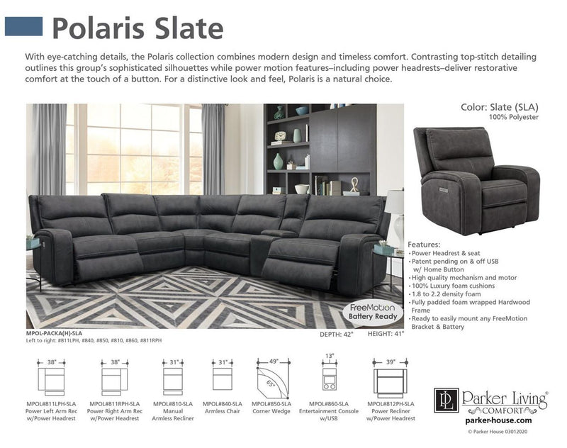 Parker House Polaris Manual Armless Recliner in Slate