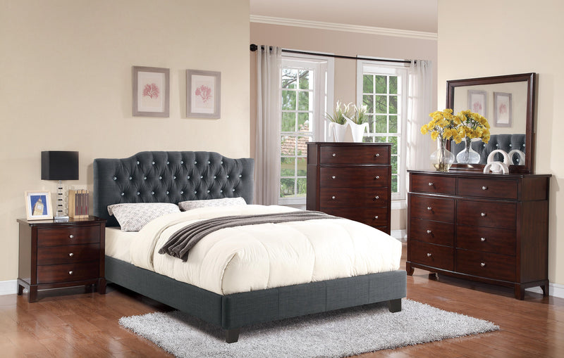 Chyuan Full Bed/Blue Grey Polyfiber, Headboard 47"H/Footboard 15.5"H in Blue Grey / Espresso