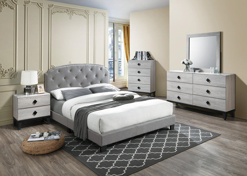 Chyuan Queen Bed/Light Grey Burplap in Light Grey / Black