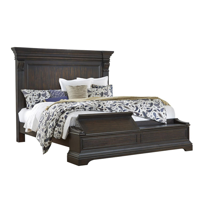 Pulaski Caldwell King Panel Bed with Blanket Chest Footboard in Dark Wood