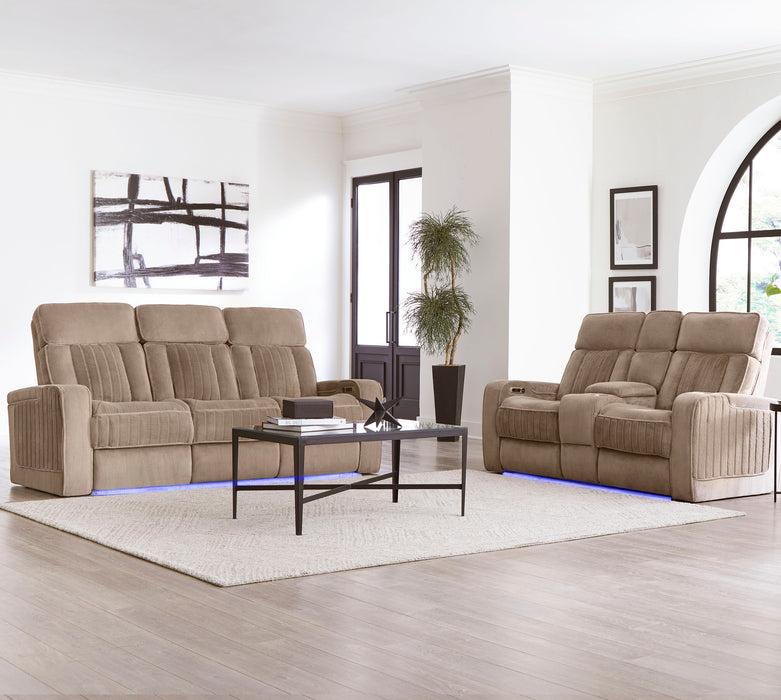 Parker Living Equinox - Mushroom Power Reclining Sofa with Drop Down Table